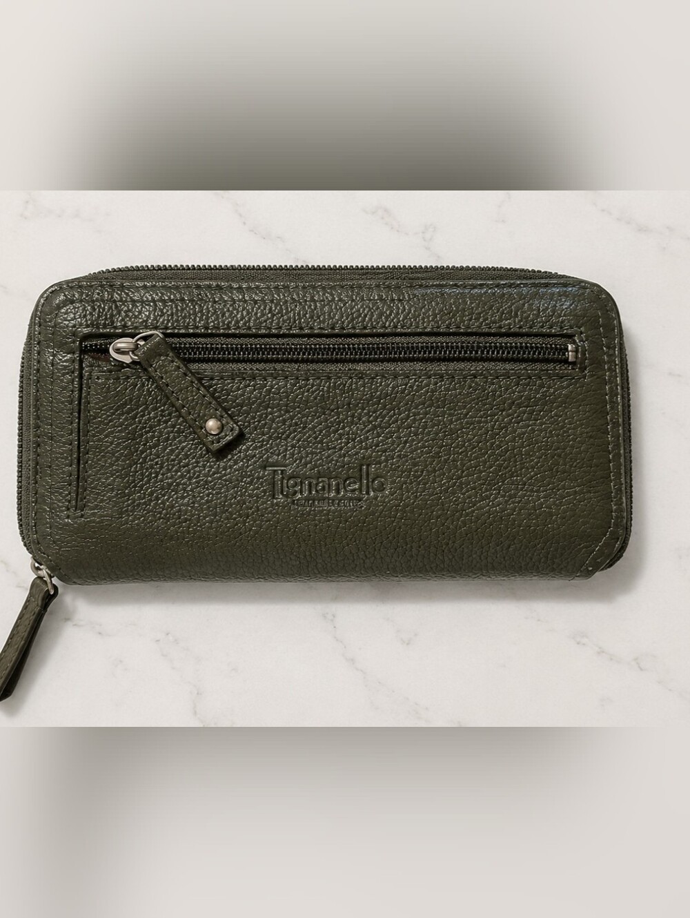 TIGNANELLO Olive Green Pebbled Leather Zip Wallet